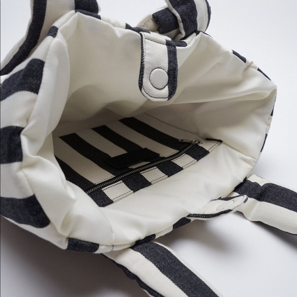 NWT Zara Blue White Maxi Bow striped shoulder shopper - Picture 3 of 7